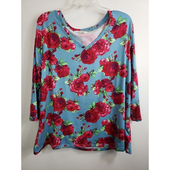 The Pioneer Woman 2X Blue Red Flowers 3/4 Sleeve V-Neck  Stretch top - Picture 1 of 7